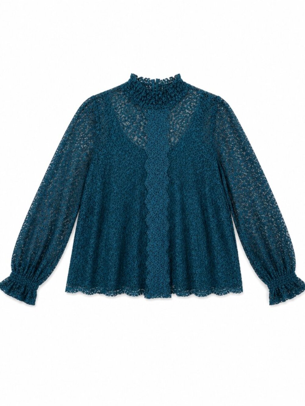 Elegant Teal Lace Women’s Top–Romantic Boho Chic Blouse, Size M, Cable & Gauge